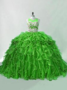 Green Zipper Sweet 16 Dress Beading and Ruffles Sleeveless Brush Train