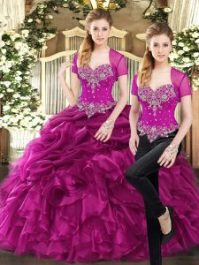 Exquisite Fuchsia Two Pieces Sweetheart Sleeveless Organza Floor Length Lace Up Beading and Ruffles and Pick Ups Quinceanera Gowns