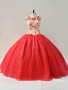 Eye-catching Floor Length Red Sweet 16 Dress Scoop Sleeveless Lace Up