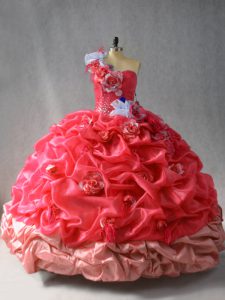Modest Coral Red Lace Up One Shoulder Pick Ups and Hand Made Flower Quinceanera Gown Organza Sleeveless
