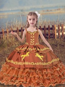 Beading and Embroidery and Ruffled Layers Girls Pageant Dresses Rust Red Lace Up Sleeveless Floor Length
