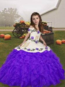 Fancy Purple Sleeveless Embroidery and Ruffles Floor Length Kids Pageant Dress