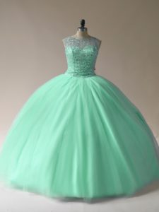 Floor Length Apple Green Quince Ball Gowns Scoop Sleeveless Lace Up