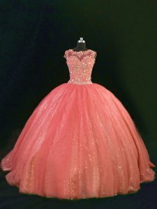 Orange Ball Gowns Scoop Sleeveless Tulle Floor Length Lace Up Beading and Lace Sweet 16 Quinceanera Dress
