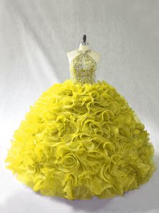 Olive Green Ball Gowns Organza Halter Top Sleeveless Beading and Ruffles Lace Up Sweet 16 Quinceanera Dress Brush Train