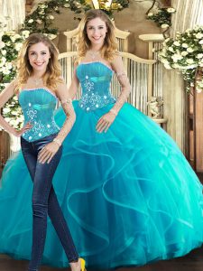 Enchanting Aqua Blue 15th Birthday Dress Sweet 16 and Quinceanera with Beading and Ruffles Strapless Sleeveless Lace Up