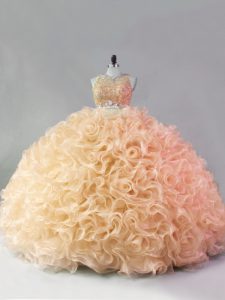 Pretty Gold Two Pieces Scoop Sleeveless Fabric With Rolling Flowers Floor Length Zipper Beading and Ruffles Quinceanera Gowns