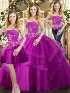 Fuchsia Ball Gown Prom Dress Sweet 16 and Quinceanera with Beading and Ruffled Layers Strapless Sleeveless Lace Up