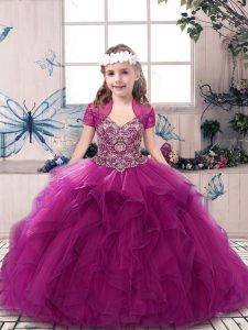 Fuchsia Ball Gowns Beading and Ruffles Little Girls Pageant Dress Wholesale Lace Up Tulle Sleeveless Floor Length