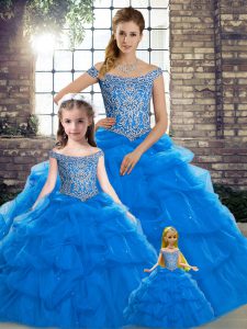 Super Off The Shoulder Sleeveless Sweet 16 Quinceanera Dress Brush Train Beading and Pick Ups Blue Tulle