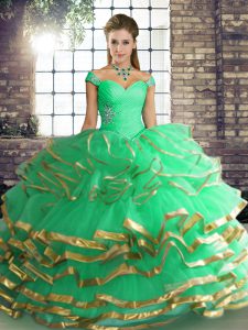 Turquoise Sleeveless Beading and Ruffled Layers Floor Length Vestidos de Quinceanera