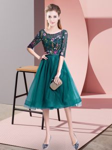 Knee Length Teal Dama Dress for Quinceanera Scoop Half Sleeves Lace Up