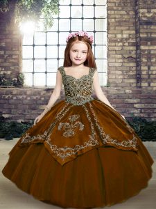 Customized Floor Length Brown Pageant Dress for Teens Tulle Sleeveless Beading and Embroidery