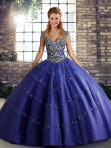 Flare Purple Straps Lace Up Beading and Appliques Quinceanera Dress Sleeveless