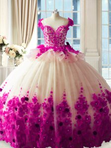 Customized Hand Made Flower Quinceanera Gowns Fuchsia Zipper Sleeveless Brush Train