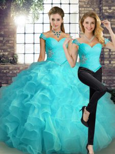 Aqua Blue Two Pieces Beading and Ruffles Quinceanera Dress Lace Up Organza Sleeveless Floor Length