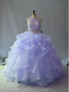 Halter Top Sleeveless Organza Quinceanera Dresses Beading and Ruffles Backless