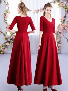 Deluxe Ankle Length Wine Red Quinceanera Court Dresses Satin Half Sleeves Ruching