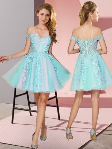 Hot Selling Mini Length Zipper Quinceanera Court of Honor Dress Aqua Blue for Wedding Party with Lace
