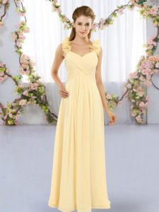 Free and Easy Straps Sleeveless Damas Dress Floor Length Hand Made Flower Yellow Chiffon