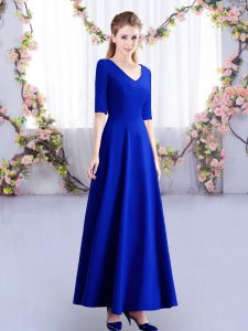 Stunning Ankle Length Royal Blue Quinceanera Court of Honor Dress Satin Half Sleeves Ruching