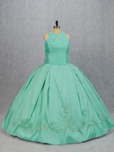 Classical Apple Green Ball Gowns Satin Scoop Sleeveless Embroidery Floor Length Zipper Vestidos de Quinceanera