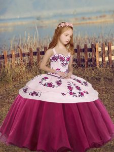Eye-catching Fuchsia Kids Formal Wear Party and Wedding Party with Embroidery and Bowknot Straps Sleeveless Lace Up