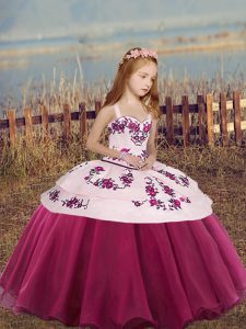 Eye-catching Fuchsia Kids Formal Wear Party and Wedding Party with Embroidery and Bowknot Straps Sleeveless Lace Up