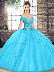 Aqua Blue Sleeveless Beading and Ruffles Floor Length Quinceanera Dress