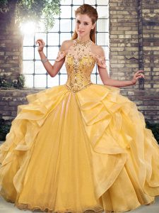 Popular Gold Organza Lace Up Halter Top Sleeveless Floor Length 15 Quinceanera Dress Beading and Ruffles