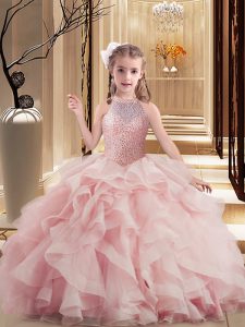 Pink Sleeveless Floor Length Beading and Ruffles Lace Up Pageant Dress for Teens