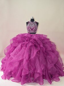 Organza Scoop Sleeveless Brush Train Backless Beading and Ruffles Sweet 16 Quinceanera Dress in Fuchsia