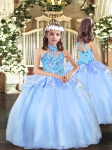 Most Popular Blue Lace Up Little Girl Pageant Dress Appliques Sleeveless Floor Length