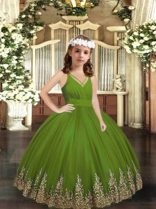 Tulle V-neck Sleeveless Zipper Appliques Little Girl Pageant Gowns in Olive Green