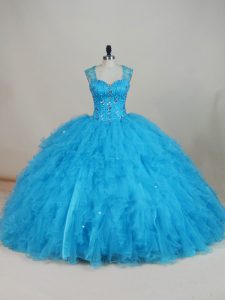 Top Selling Floor Length Baby Blue Quince Ball Gowns Straps Sleeveless Zipper