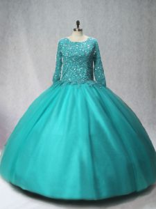 Turquoise Scoop Neckline Beading Ball Gown Prom Dress Long Sleeves Lace Up