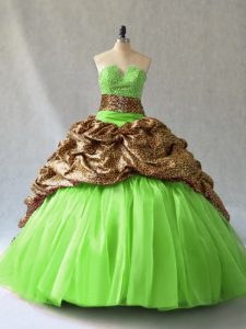 Organza and Printed Lace Up Strapless Sleeveless Vestidos de Quinceanera Brush Train Beading and Pick Ups