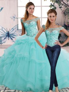 Vintage Floor Length Lace Up Quinceanera Dress Aqua Blue for Military Ball and Sweet 16 and Quinceanera with Beading and Ruffles
