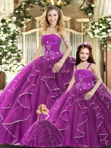 Vintage Purple Tulle Lace Up Strapless Sleeveless Floor Length Quinceanera Dresses Beading and Ruffles