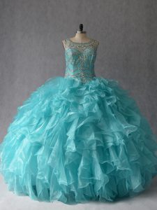 Custom Fit Aqua Blue Scoop Lace Up Beading and Ruffles Ball Gown Prom Dress Sleeveless