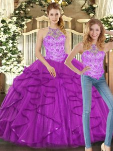 Custom Fit Tulle Sleeveless Floor Length 15 Quinceanera Dress and Beading and Ruffles