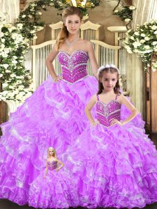 Lilac Ball Gowns Sweetheart Sleeveless Organza Floor Length Lace Up Beading and Ruffles Vestidos de Quinceanera