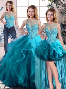 High Class Aqua Blue Lace Up Scoop Beading and Ruffles Sweet 16 Dress Tulle Sleeveless