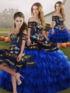 Modest Sleeveless Floor Length Embroidery and Ruffled Layers Lace Up Quinceanera Gowns with Blue And Black