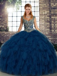 Blue Sleeveless Beading and Ruffles Floor Length Quinceanera Gown