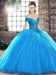 Blue Ball Gowns Beading 15th Birthday Dress Lace Up Organza Sleeveless