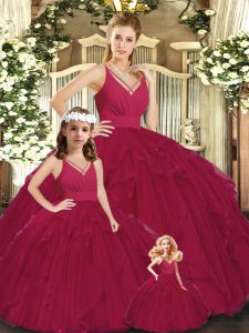 Perfect Burgundy Ball Gowns Ruching Sweet 16 Dresses Lace Up Tulle Sleeveless Floor Length