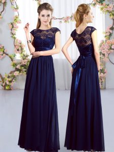 Navy Blue Scoop Zipper Lace and Belt Court Dresses for Sweet 16 Cap Sleeves