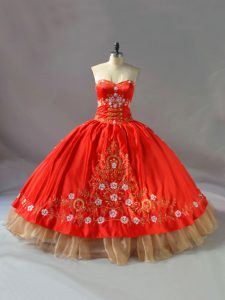 Embroidery 15 Quinceanera Dress Red Lace Up Sleeveless Floor Length