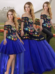 Royal Blue Three Pieces Tulle Off The Shoulder Sleeveless Embroidery Floor Length Lace Up Quinceanera Dresses